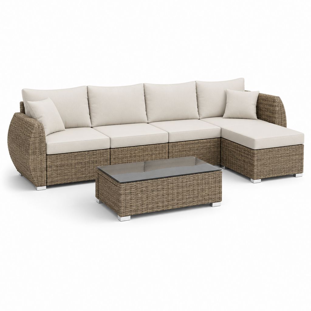 Set divano da giardino angolare 4 posti con tavolino marrone ecru in polyrattan PE 280 x 160 cm