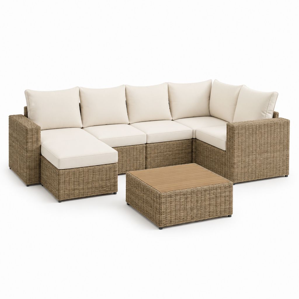 Set divano da giardino angolare 5 posti con tavolino beige in rattan PE e cuscini in poliestere 280 x 210 x 75 cm