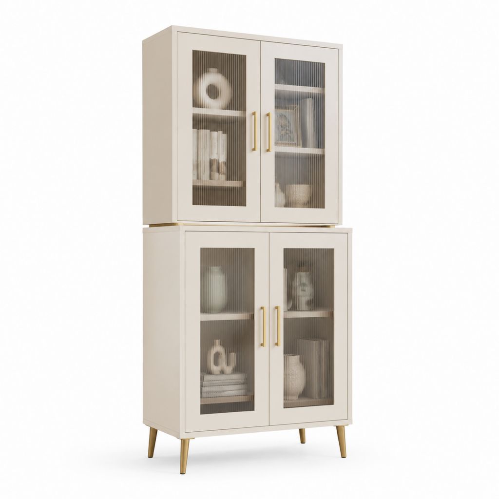 Armadio vetrina rettangolare a 4 ante avorio in MDF e vetro rigato 80 x 40 x 180 cm