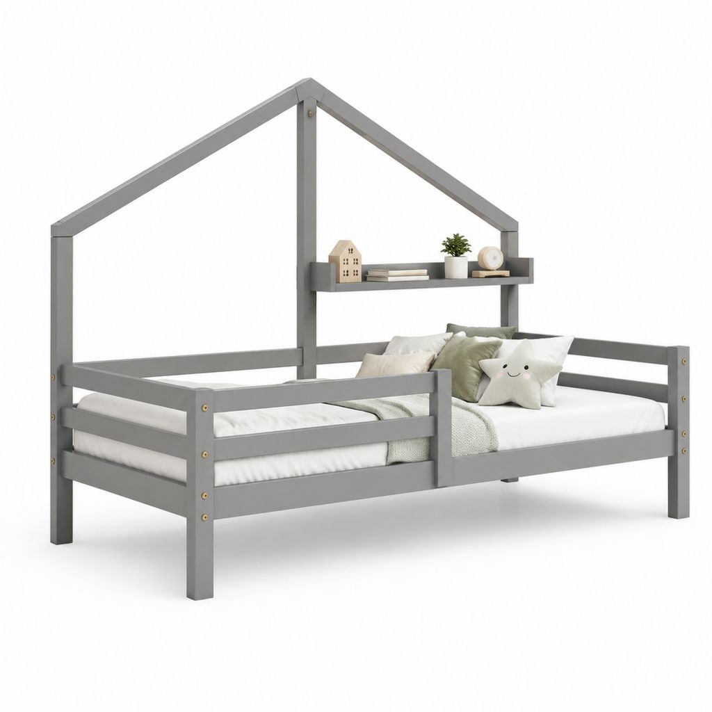 Letto a casetta per bambini grigio in legno massello di pino 90 x 200 cm con sponde e mensola