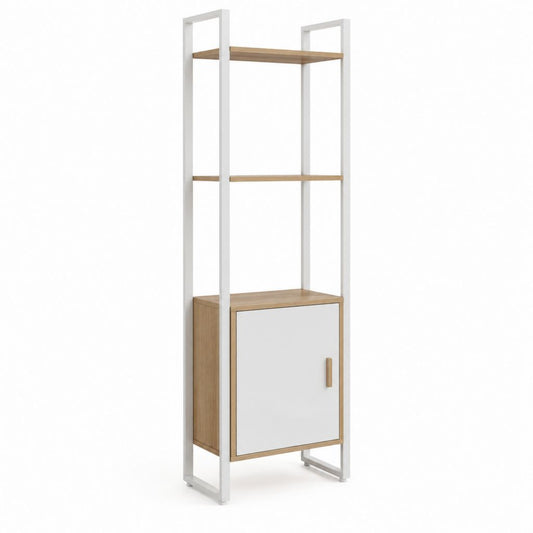 Libreria con mobile contenitore bianco e rovere in acciaio e pannelli melaminici rettangolare 60 x 35 x 180 cm