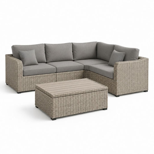 Set divano da giardino angolare 4 pezzi grigio tortora in rattan PE con tavolino 230 x 230 x 78 cm