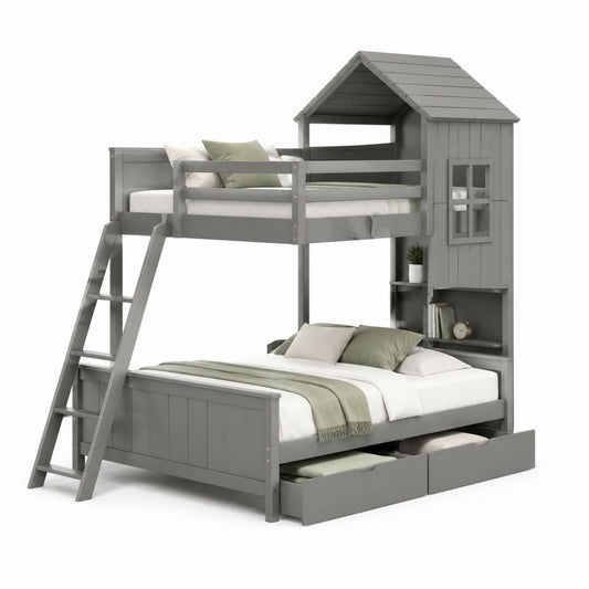 Letto a castello con tetto grigio in legno massello di pino 140 x 200 cm e 90 x 200 cm con scala cassetti e scaffali