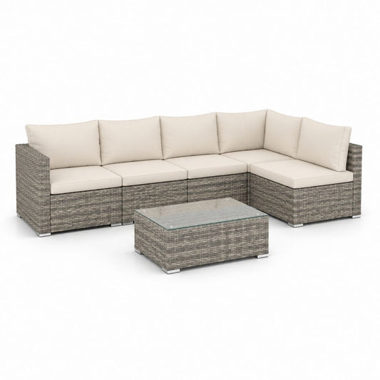 Set divano angolare da giardino 6 pezzi grigio in rattan PE con cuscini beige 210 x 140 x 63 cm