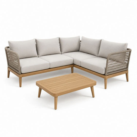 Set divano angolare da giardino 5 posti con tavolino beige e legno massello di acacia 250 x 180 cm