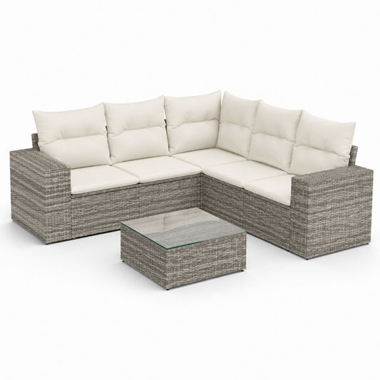 Set divani da giardino angolare 6 pezzi grigio in rattan PE con cuscini beige 210 x 210 x 63 cm