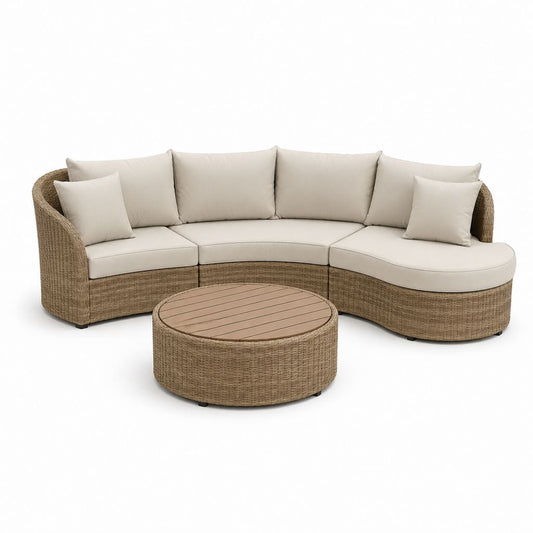 Set divano da giardino curvo 4 pezzi beige in rattan PE con cuscini e tavolino rotondo 270 x 100 x 78 cm