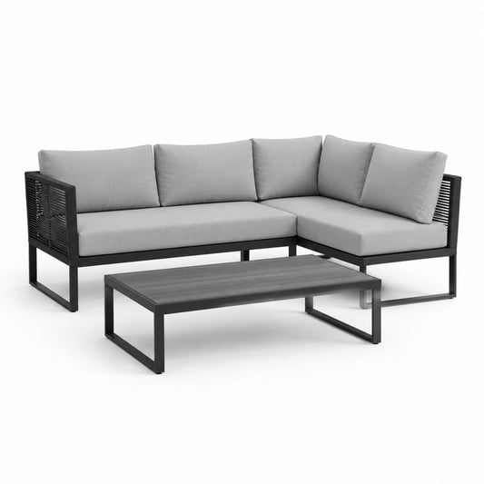 Set divano angolare da giardino con tavolino grigio e nero in alluminio e poliestere 200 x 200 x 70 cm