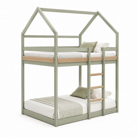 Letto a castello per bambini a forma di casa verde salvia in legno massello di pino con letto superiore 90 x 200 cm e letto inferiore 140 x 200 cm