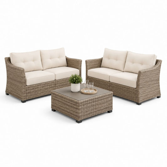 Set salotto da giardino con 2 divani 2 posti e tavolino beige in rattan sintetico PE divani 124 x 70 x 75 cm tavolino 90 x 50 x 40 cm