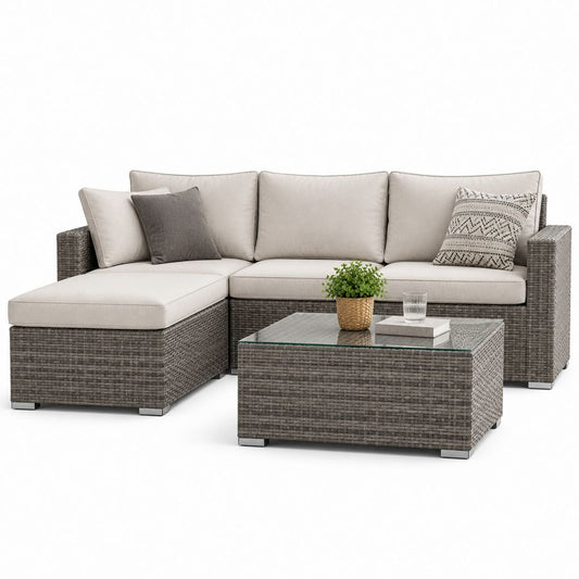 Set divano angolare da giardino 3 posti grigio in rattan PE con tavolino in vetro temperato 220 x 150 x 85 cm