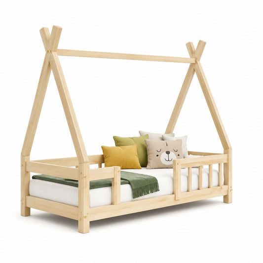 Letto a casetta per bambini in pino massello naturale 197 x 97 x 165 cm per materasso 90 x 190 cm