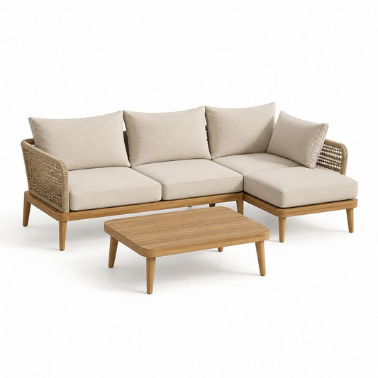 Set divano da giardino angolare 3 posti beige in legno massello di acacia e corda in polipropilene con tavolino 220 x 150 x 78 cm