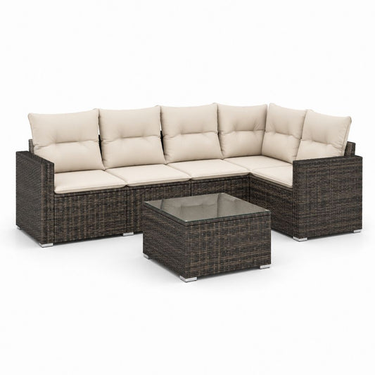 Set divano angolare da giardino 5 posti marrone in polyrattan PE con cuscini crema e tavolino 210 x 210 x 63 cm