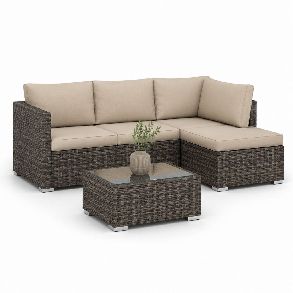 Set divano angolare da giardino 3 pezzi marrone e beige in rattan PE con cuscini tavolino 200 x 140 x 70 cm