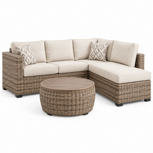 Set divano da giardino angolare con tavolino beige in polyrattan 230 x 170 x 85 cm