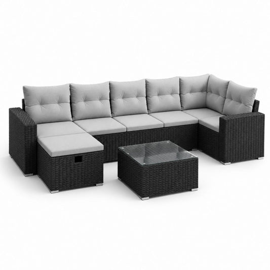 Set salotto da giardino modulare 7 pezzi nero in rattan PE con cuscini grigi 280 x 140 x 63 cm