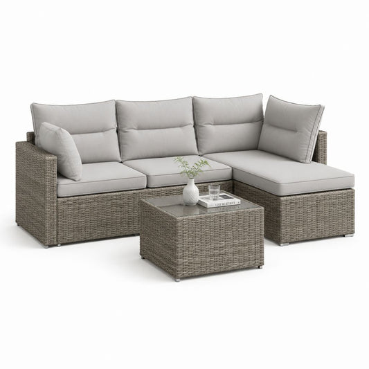 Set divano da giardino angolare 3 posti grigio in rattan PE con tavolino 210 x 210 x 65 cm