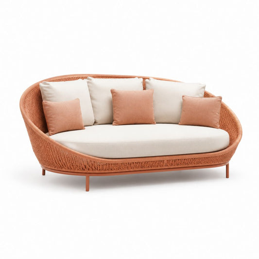 Divano da giardino 3 posti curvo terracotta e avorio in alluminio e corda PE 210 x 95 x 85 cm