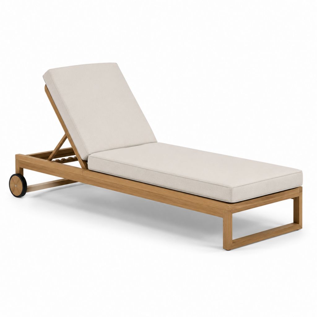 Lettino prendisole da giardino regolabile beige in teak massello con cuscino 200 x 70 x 35 cm