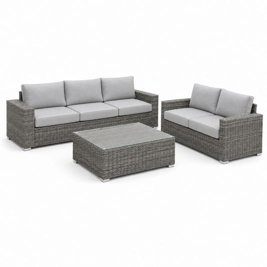 Set salotto da giardino 3 pezzi grigio in rattan PE con divano 3 posti divano 2 posti e tavolino 200 x 75 x 65 cm