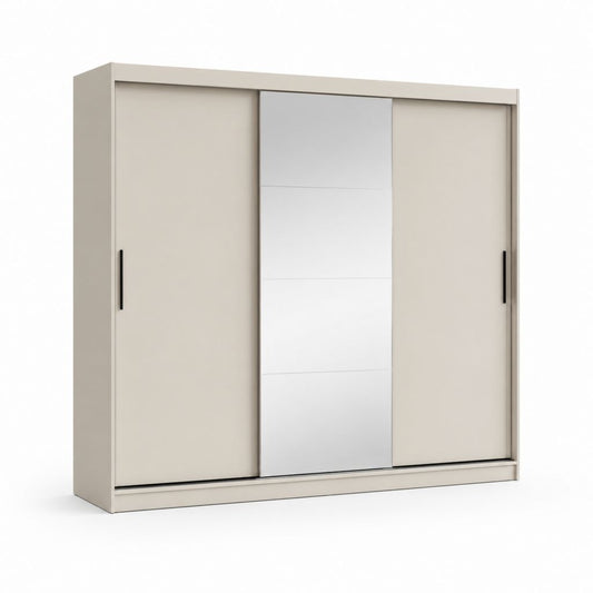 Armadio guardaroba rettangolare a 3 ante scorrevoli beige in pannelli di particelle con specchio 200 x 60 x 200 cm