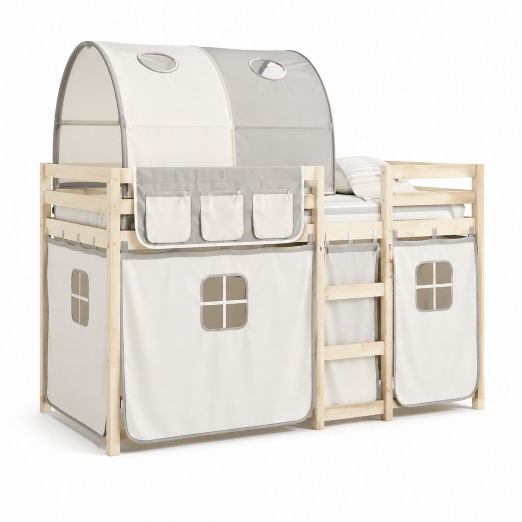 Letto a soppalco per bambini 90x200 cm beige e grigio in legno massello di pino con tenda e tasche