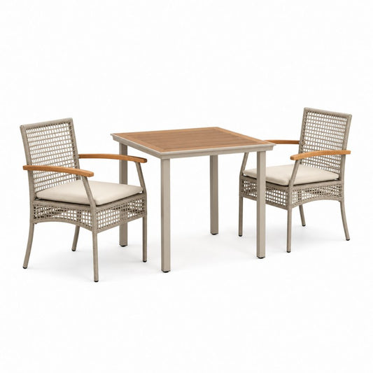 Set da pranzo da giardino 3 pezzi grigio e beige in rattan PE con tavolo quadrato 80 x 80 x 75 cm